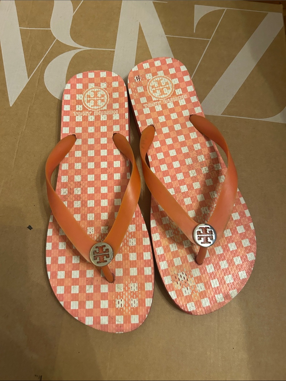 Tory Burch Coral-Orange gingham Flip Flops